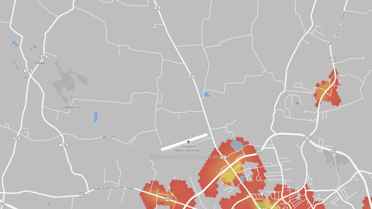 Walk Grade map of Oil City, KY, walkable areas in green and car-dependent areas in red