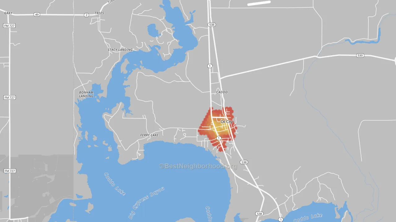Walk Grade map of Oil City, LA, walkable areas in green and car-dependent areas in red