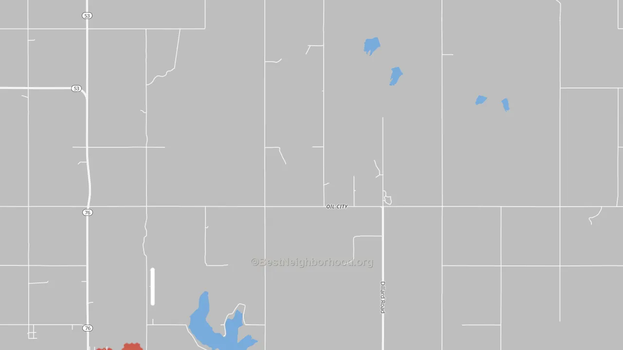 Walk Grade map of Oil City, OK, walkable areas in green and car-dependent areas in red