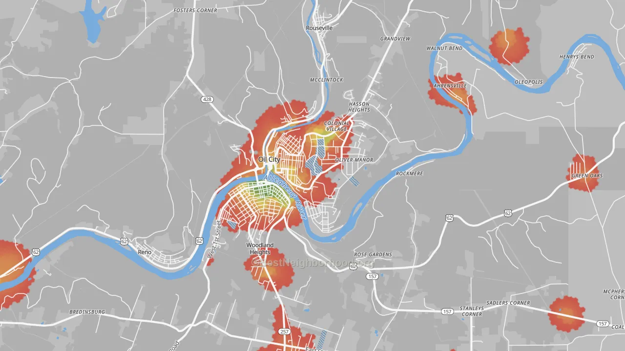 Walk Grade map of Oil City, PA, walkable areas in green and car-dependent areas in red