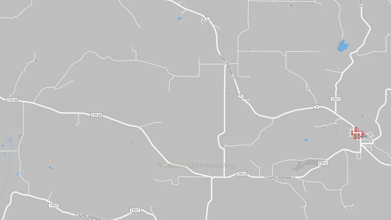 Walk Grade map of Oil City, WI, walkable areas in green and car-dependent areas in red