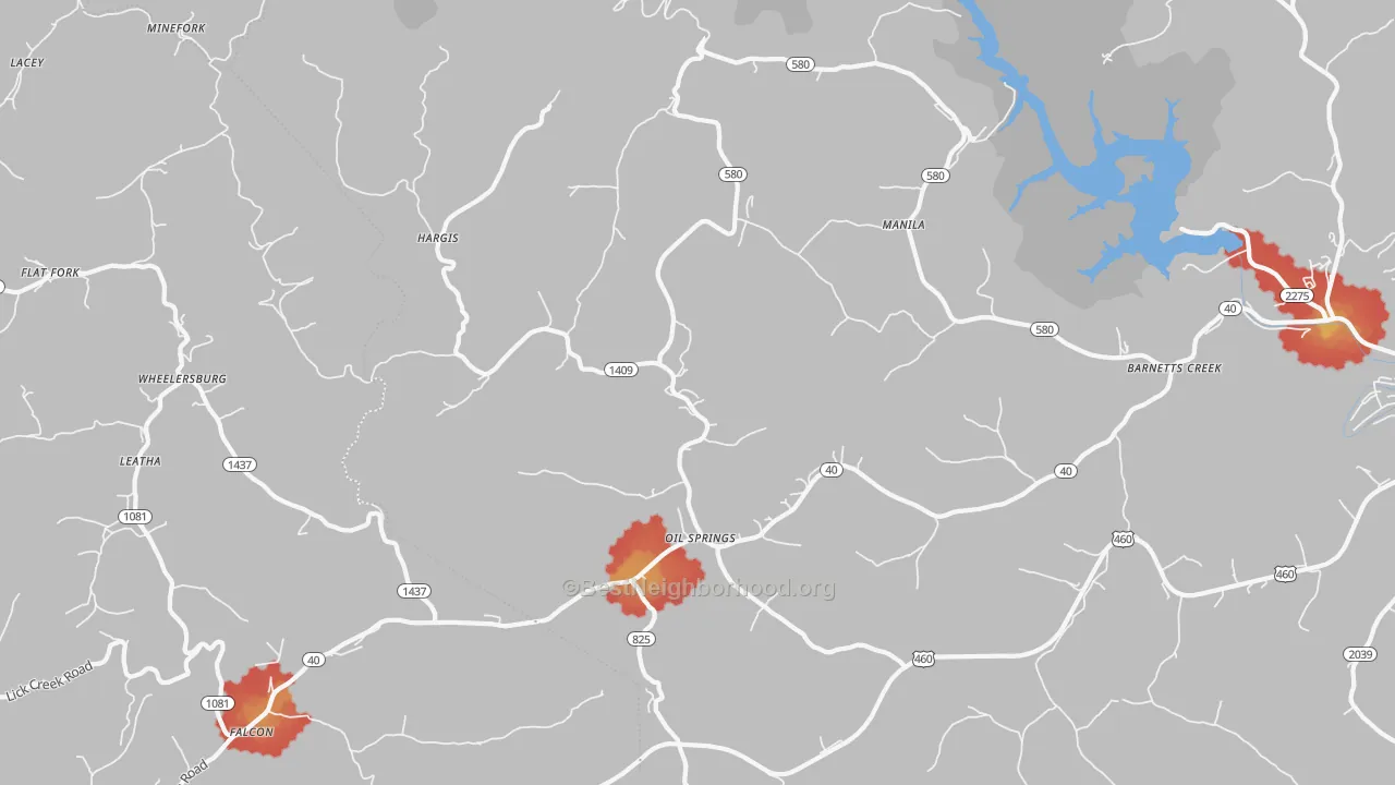Walk Grade map of Oil Springs, KY, walkable areas in green and car-dependent areas in red