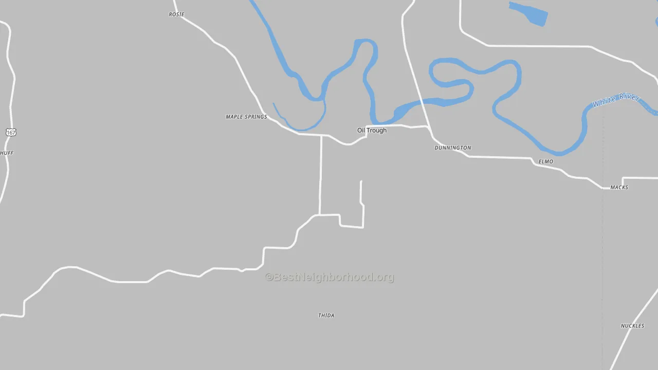 Walk Grade map of Oil Trough, AR, walkable areas in green and car-dependent areas in red