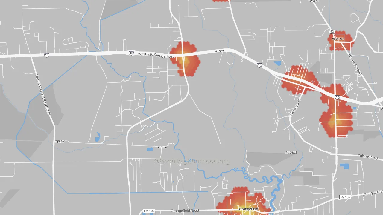 Walk Grade map of Oilla, TX, walkable areas in green and car-dependent areas in red