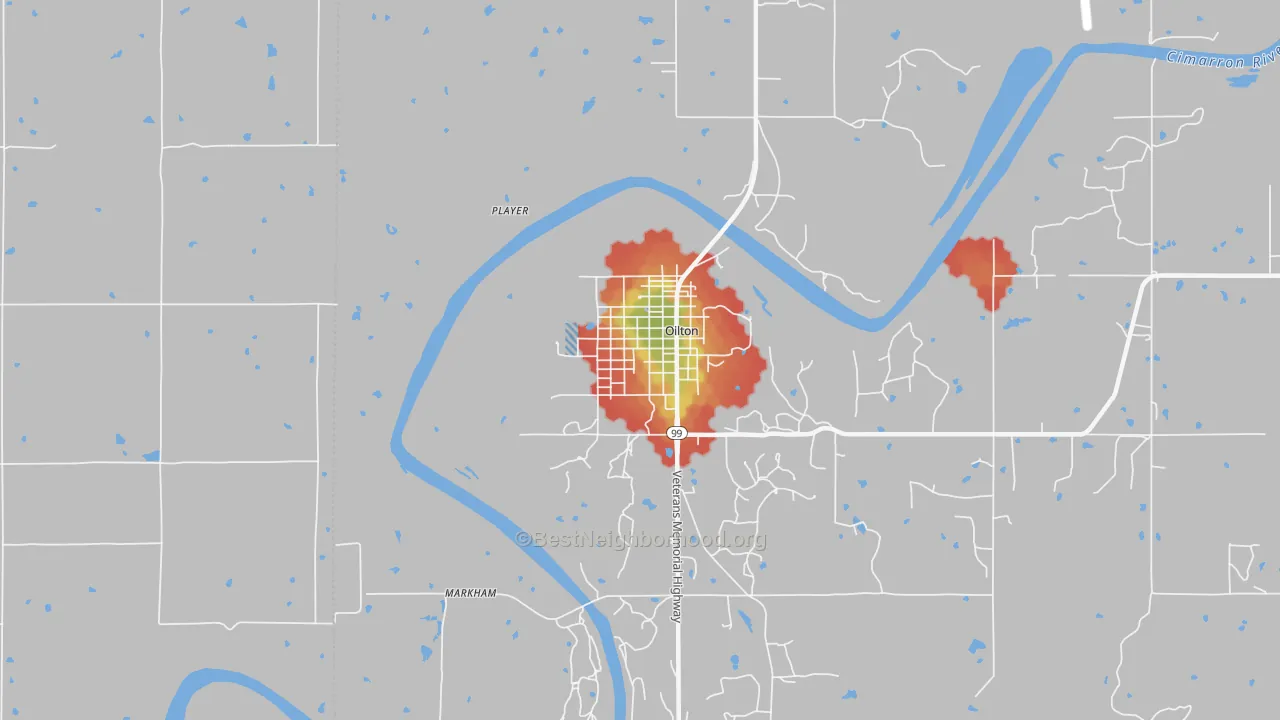 Walk Grade map of Oilton, OK, walkable areas in green and car-dependent areas in red