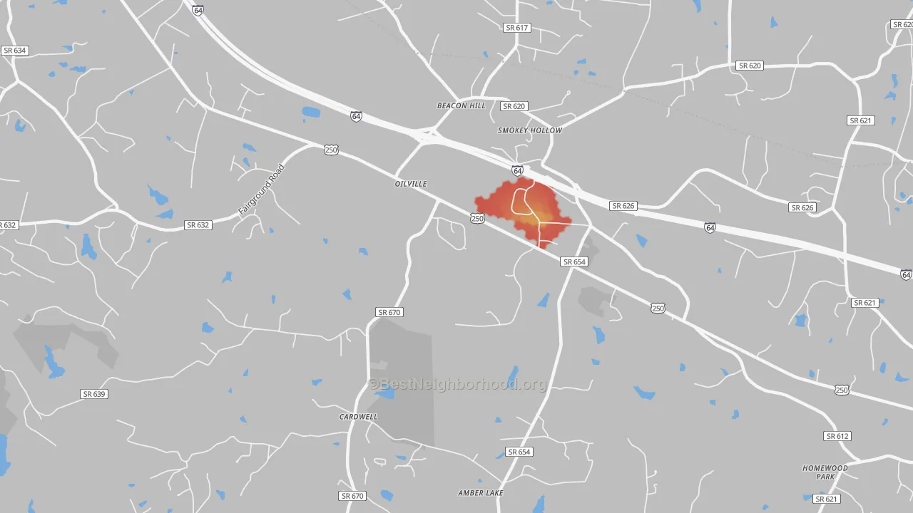 Walk Grade map of Oilville, VA, walkable areas in green and car-dependent areas in red