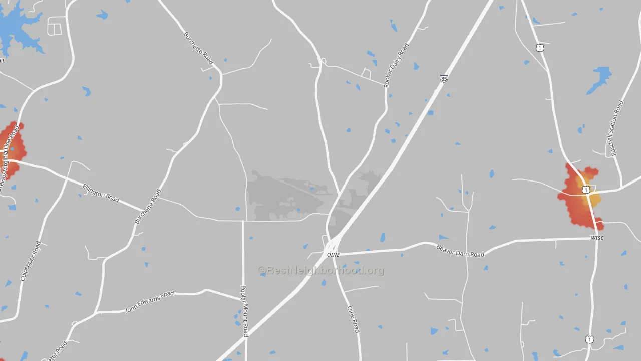 Walk Grade map of Oine, NC, walkable areas in green and car-dependent areas in red