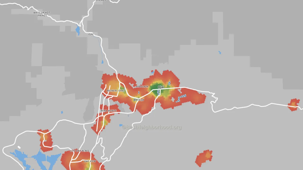 Walk Grade map of Ojai, CA, walkable areas in green and car-dependent areas in red