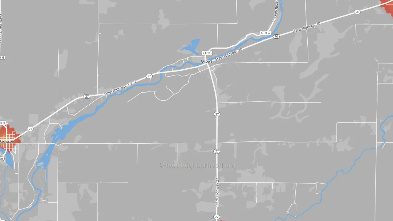 Walk Grade map of Ojibwa, WI, walkable areas in green and car-dependent areas in red