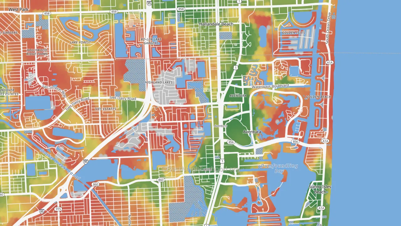Walk Grade map of Ojus, FL, walkable areas in green and car-dependent areas in red