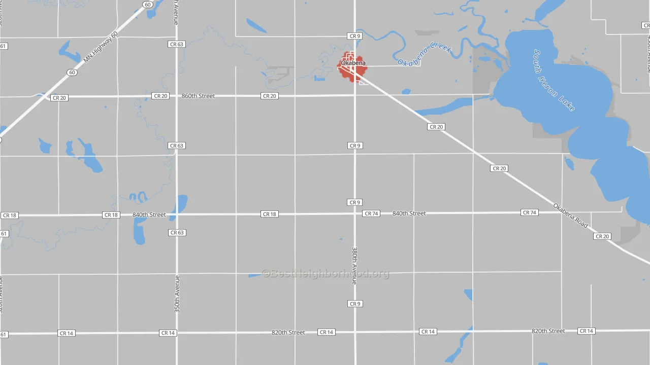 Walk Grade map of Okabena, MN, walkable areas in green and car-dependent areas in red