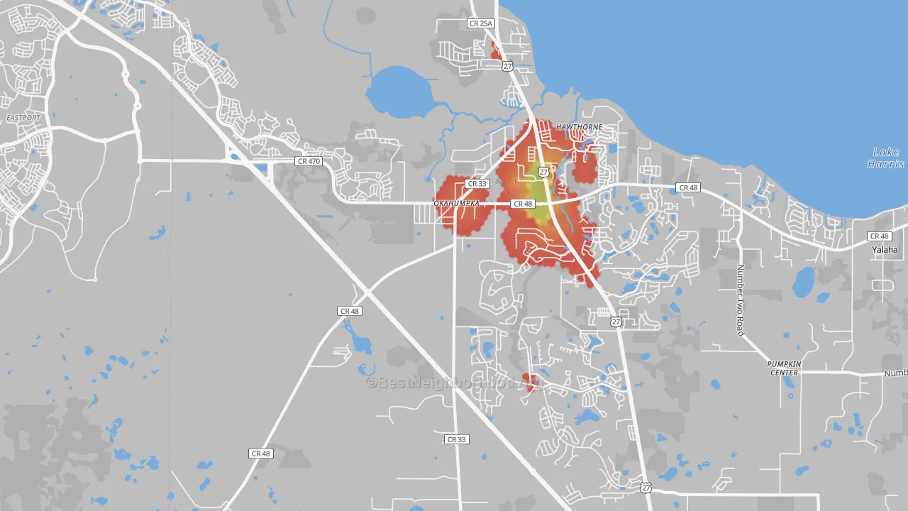 Walk Grade map of Okahumpka, FL, walkable areas in green and car-dependent areas in red