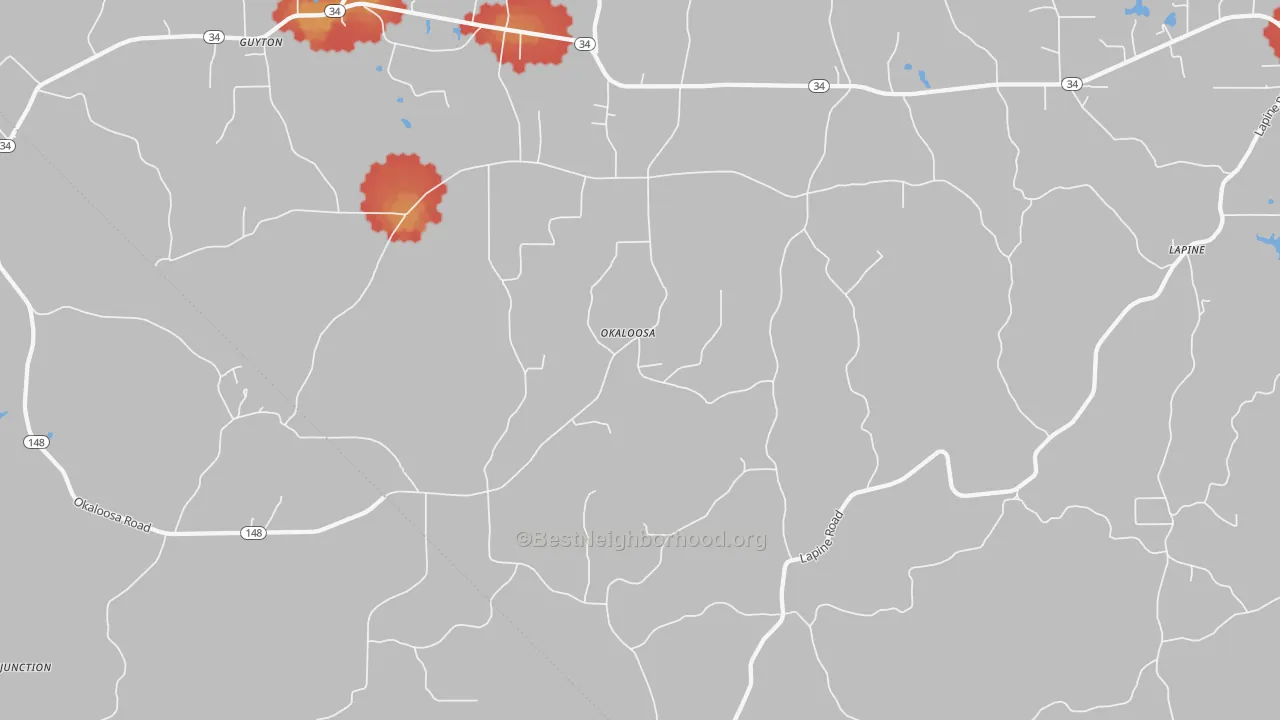 Walk Grade map of Okaloosa, LA, walkable areas in green and car-dependent areas in red