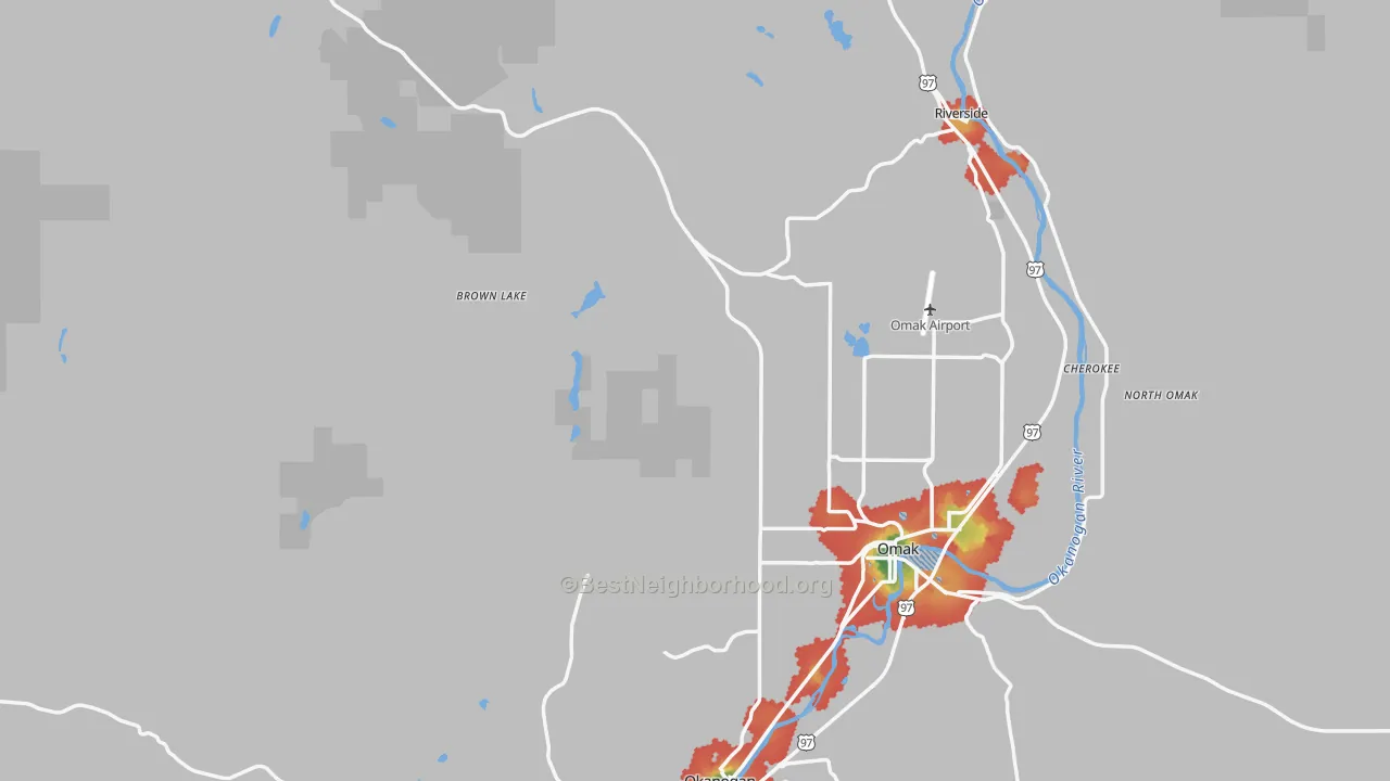 Walk Grade map of Okanogan County, WA, walkable areas in green and car-dependent areas in red
