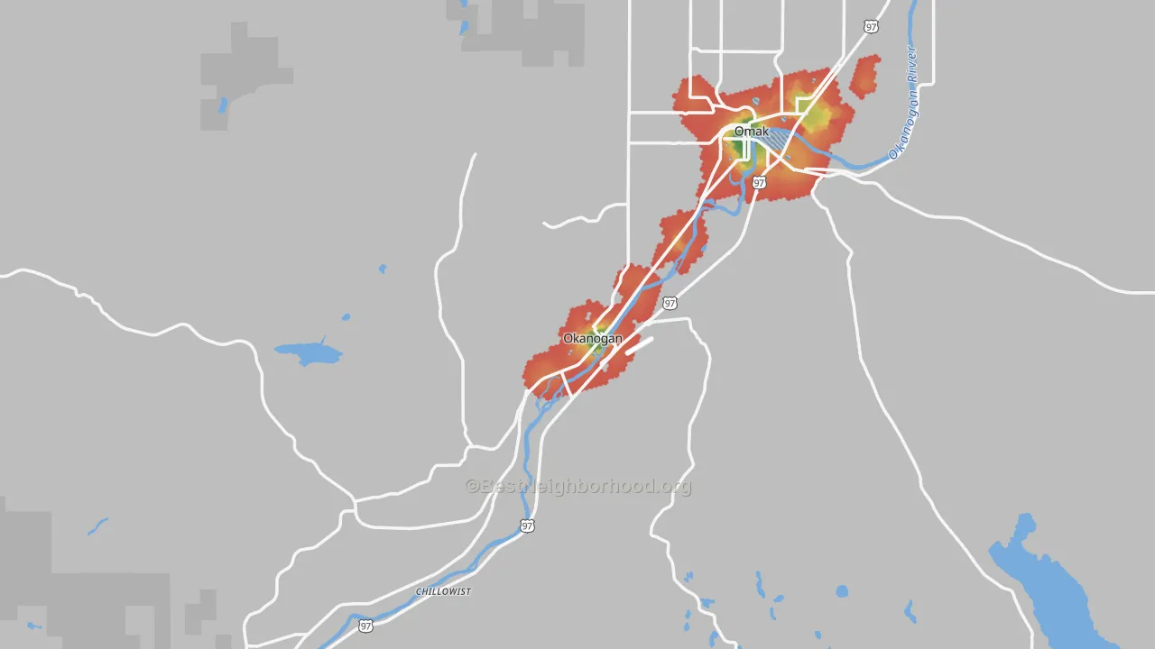 Walk Grade map of Okanogan, WA, walkable areas in green and car-dependent areas in red