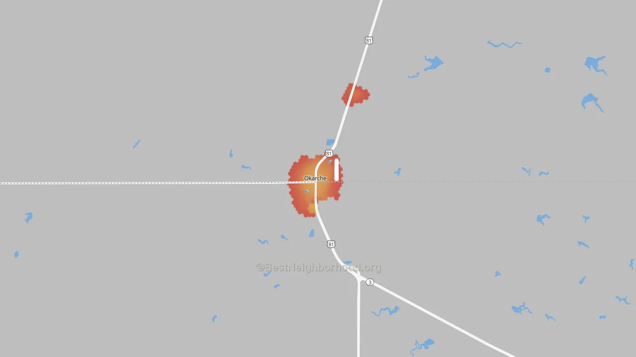 Walk Grade map of Okarche, OK, walkable areas in green and car-dependent areas in red