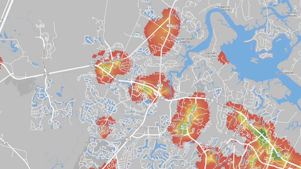 Walk Grade map of Okatie, SC, walkable areas in green and car-dependent areas in red