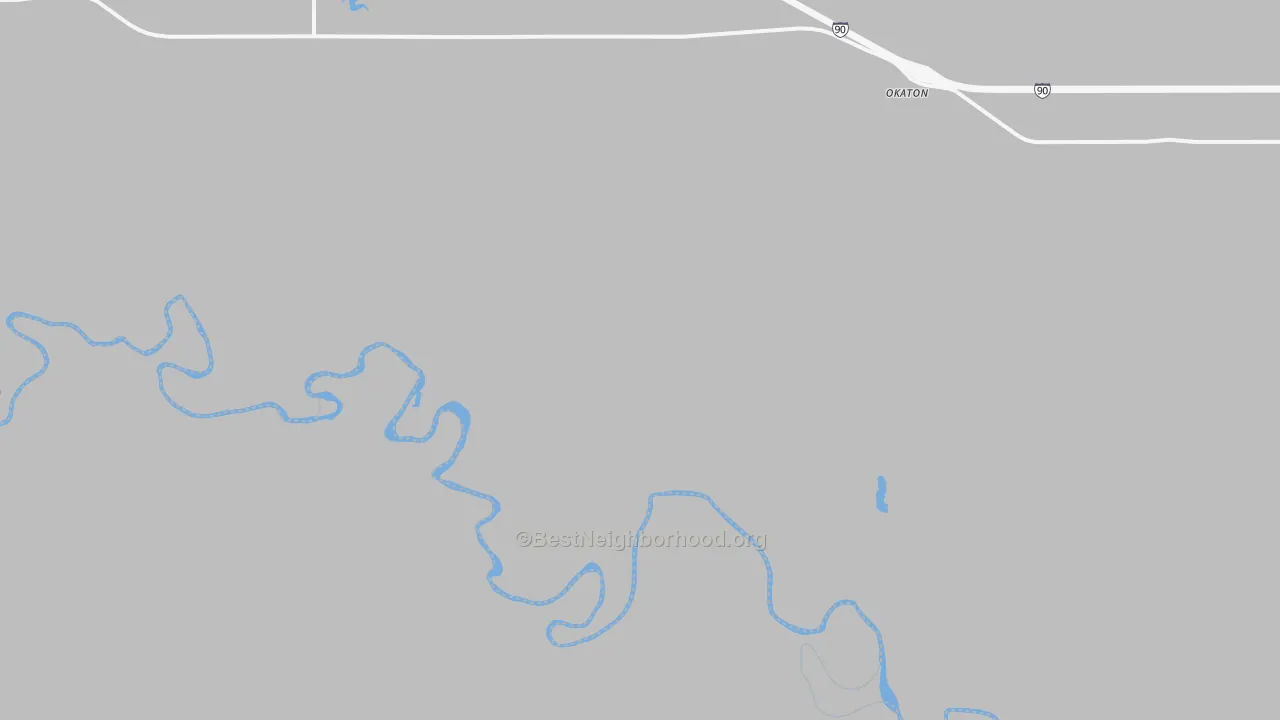 Walk Grade map of Okaton, SD, walkable areas in green and car-dependent areas in red