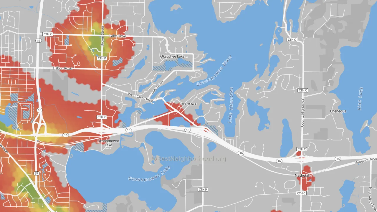 Walk Grade map of Okauchee, WI, walkable areas in green and car-dependent areas in red
