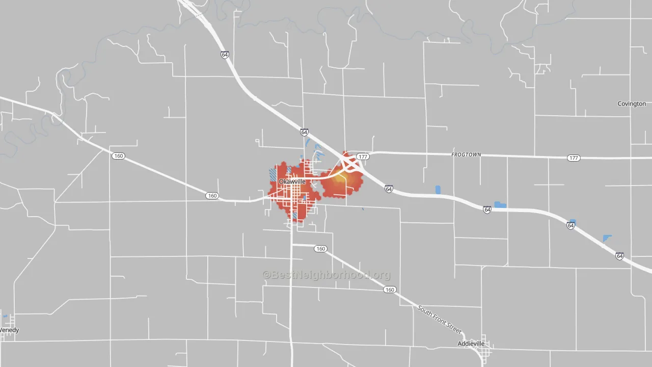 Walk Grade map of Okawville, IL, walkable areas in green and car-dependent areas in red