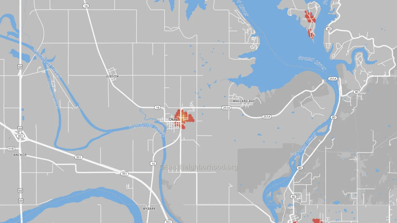 Walk Grade map of Okay, OK, walkable areas in green and car-dependent areas in red