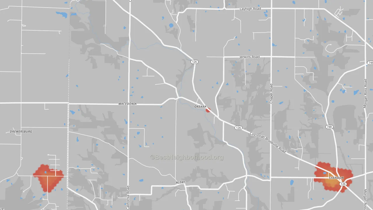 Walk Grade map of Okeana, OH, walkable areas in green and car-dependent areas in red