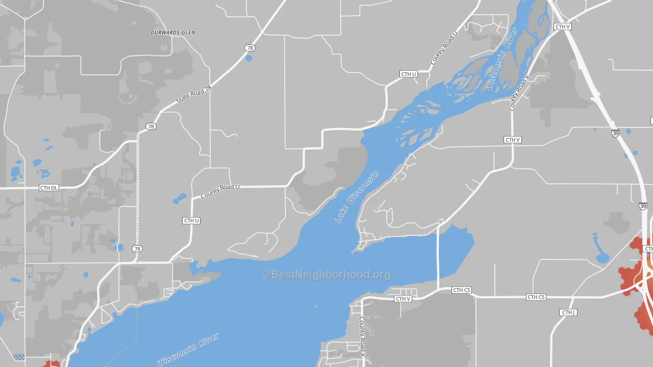 Walk Grade map of Okee, WI, walkable areas in green and car-dependent areas in red