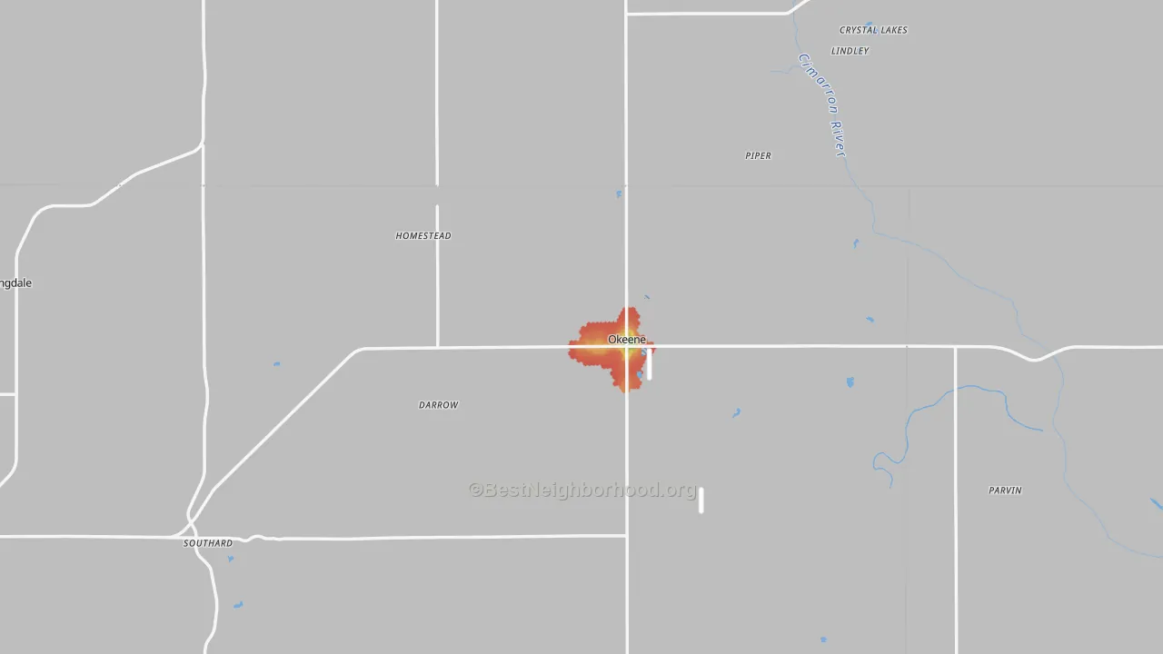 Walk Grade map of Okeene, OK, walkable areas in green and car-dependent areas in red