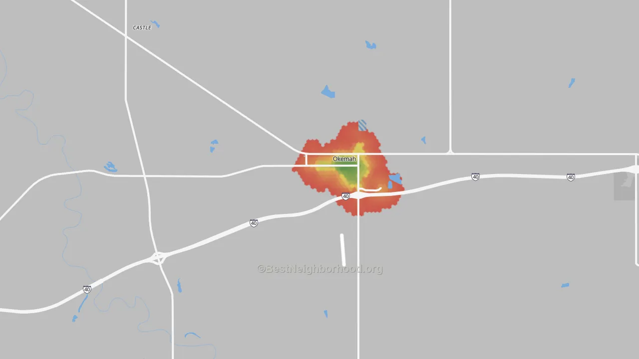 Walk Grade map of Okemah, OK, walkable areas in green and car-dependent areas in red