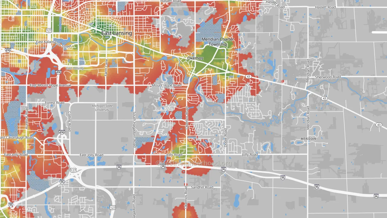 Walk Grade map of Okemos, MI, walkable areas in green and car-dependent areas in red