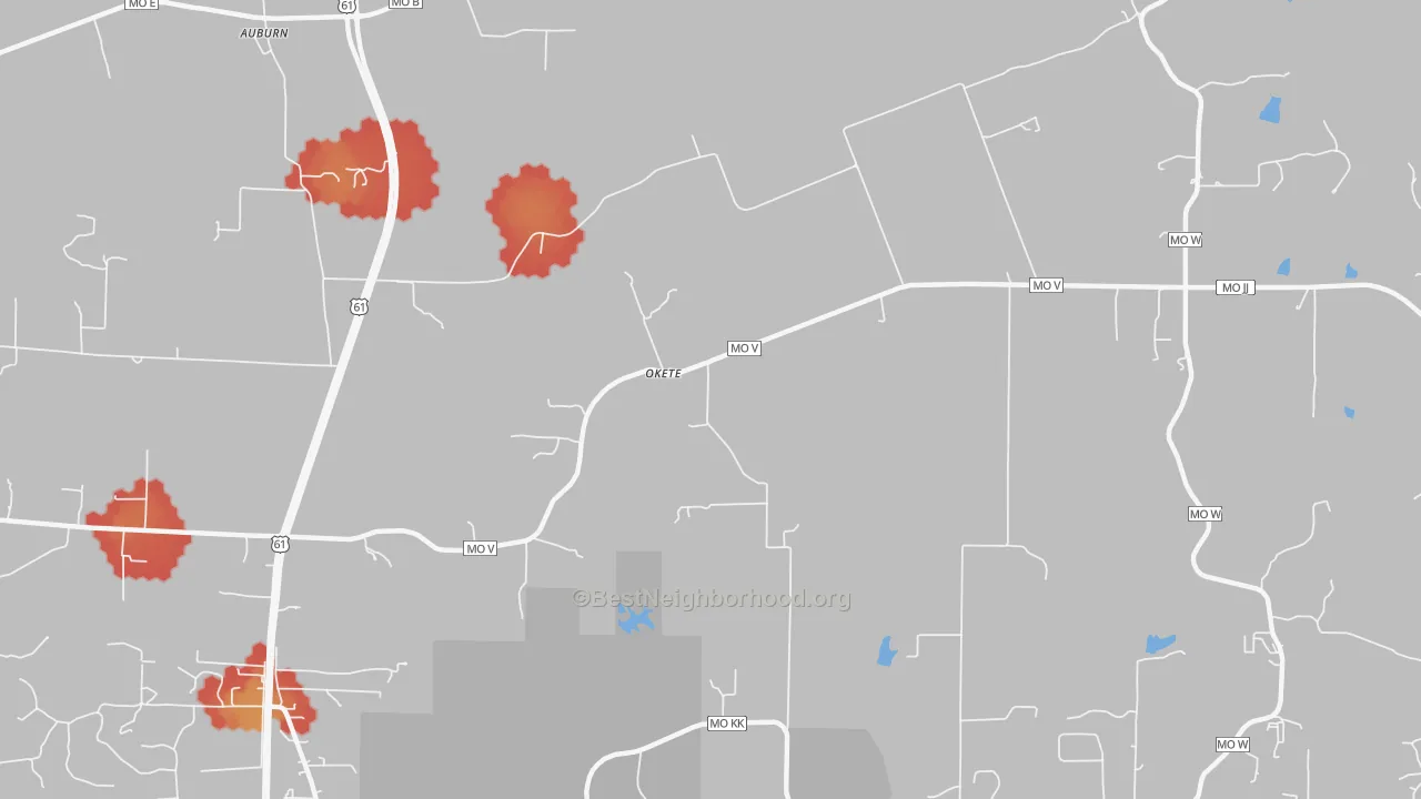 Walk Grade map of Okete, MO, walkable areas in green and car-dependent areas in red