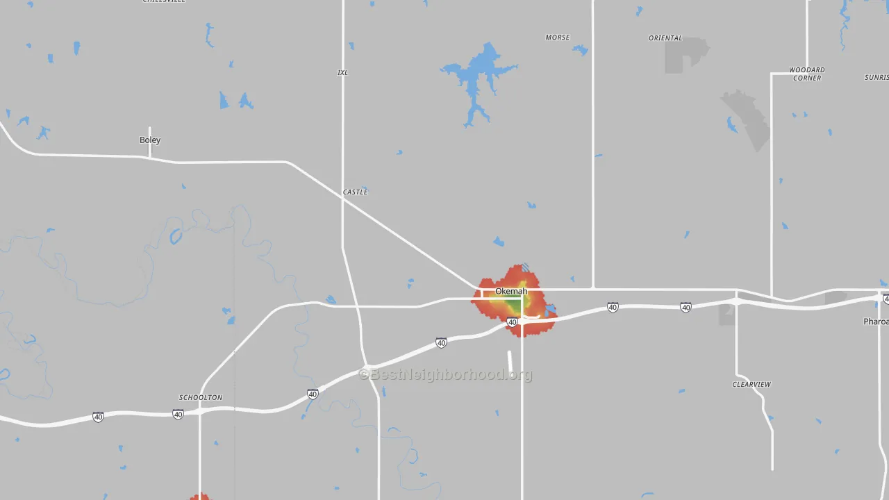 Walk Grade map of Okfuskee County, OK, walkable areas in green and car-dependent areas in red
