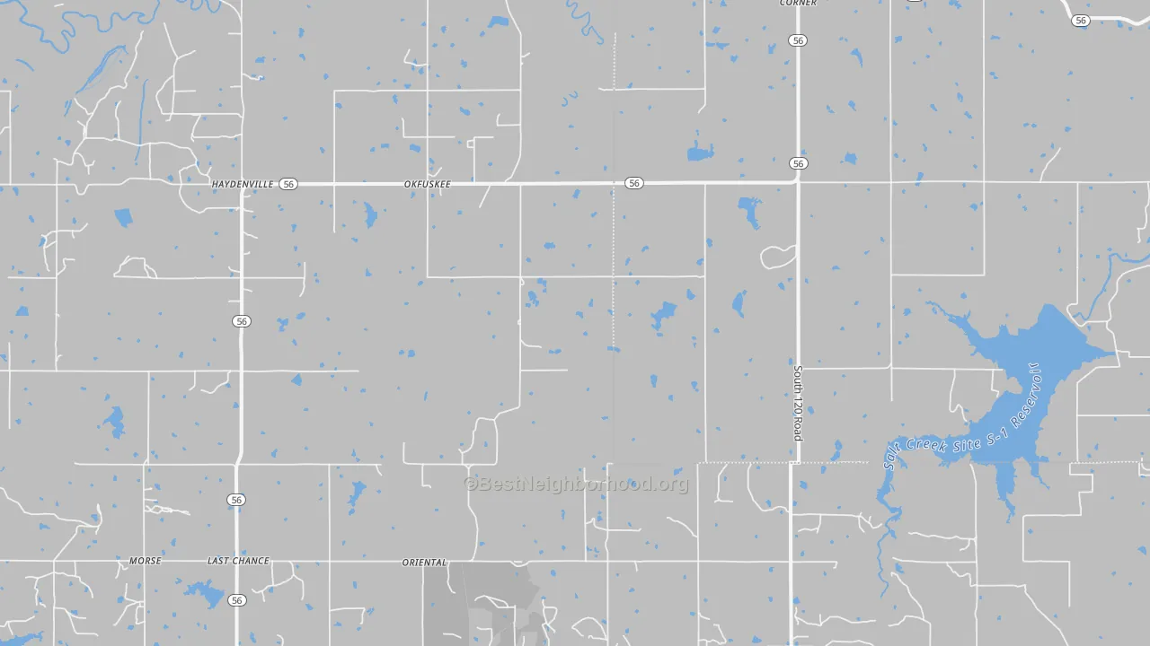 Walk Grade map of Okfuskee, OK, walkable areas in green and car-dependent areas in red