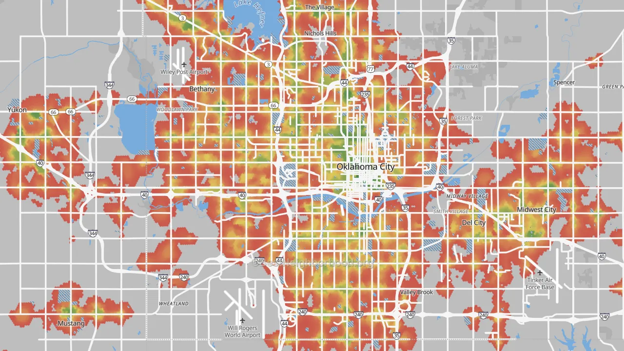 Walk Grade map of Oklahoma City, OK, walkable areas in green and car-dependent areas in red