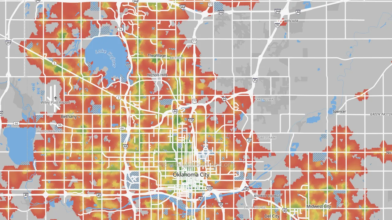 Walk Grade map of Oklahoma County, OK, walkable areas in green and car-dependent areas in red