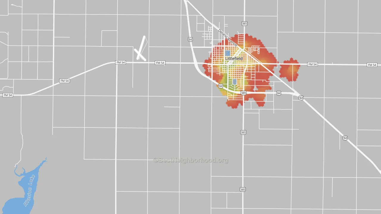 Walk Grade map of Oklahoma Flat, TX, walkable areas in green and car-dependent areas in red