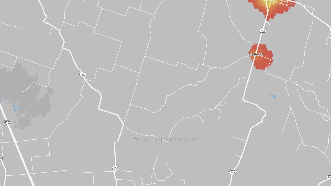 Walk Grade map of Oklahoma, KY, walkable areas in green and car-dependent areas in red