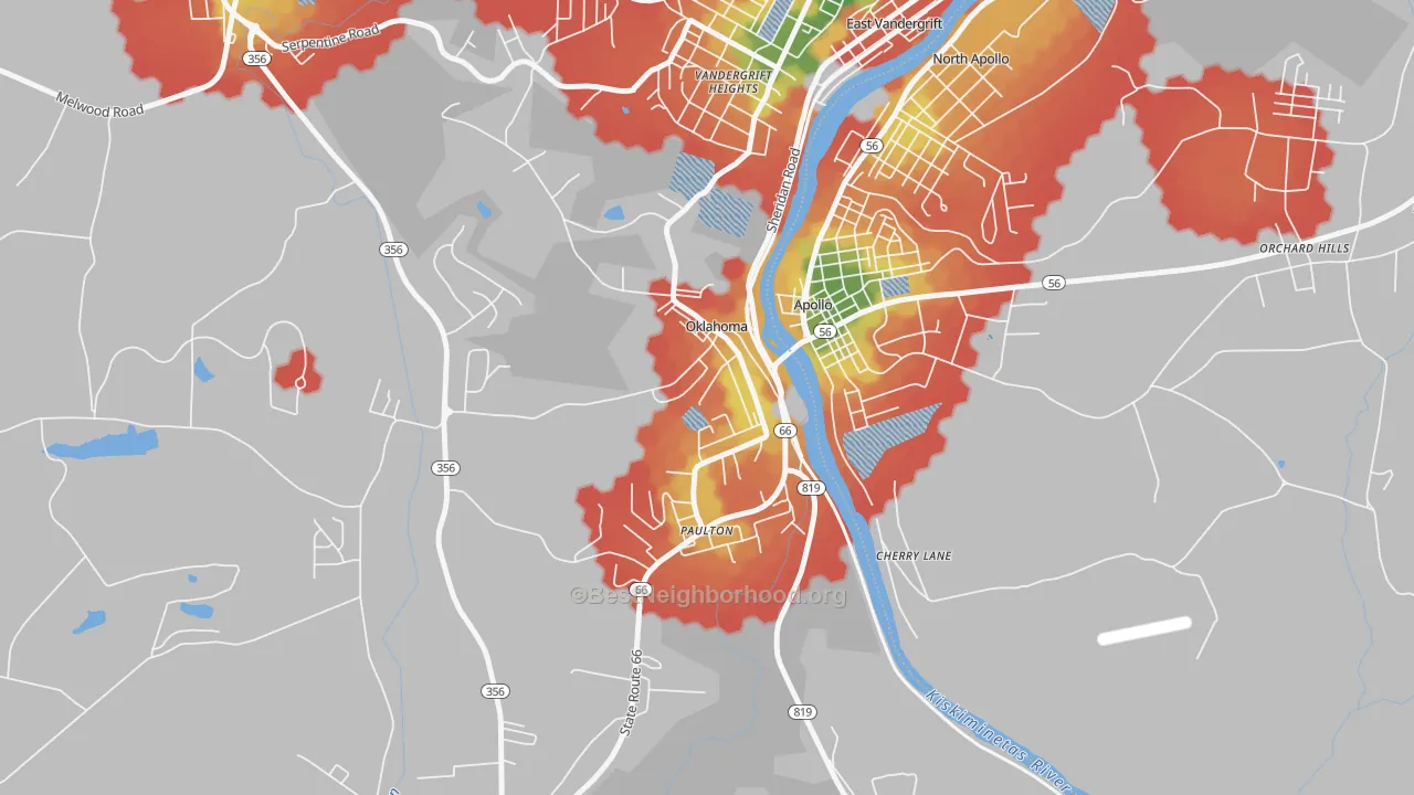 Walk Grade map of Oklahoma, PA, walkable areas in green and car-dependent areas in red