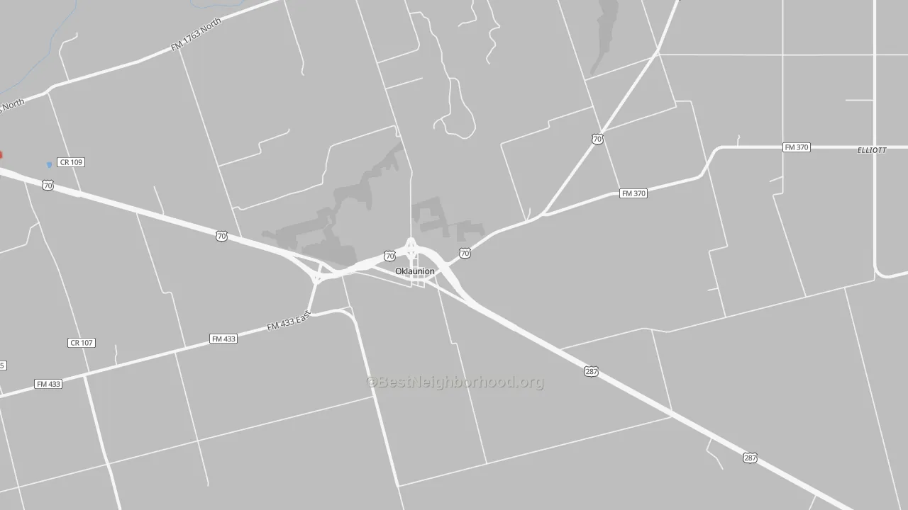 Walk Grade map of Oklaunion, TX, walkable areas in green and car-dependent areas in red