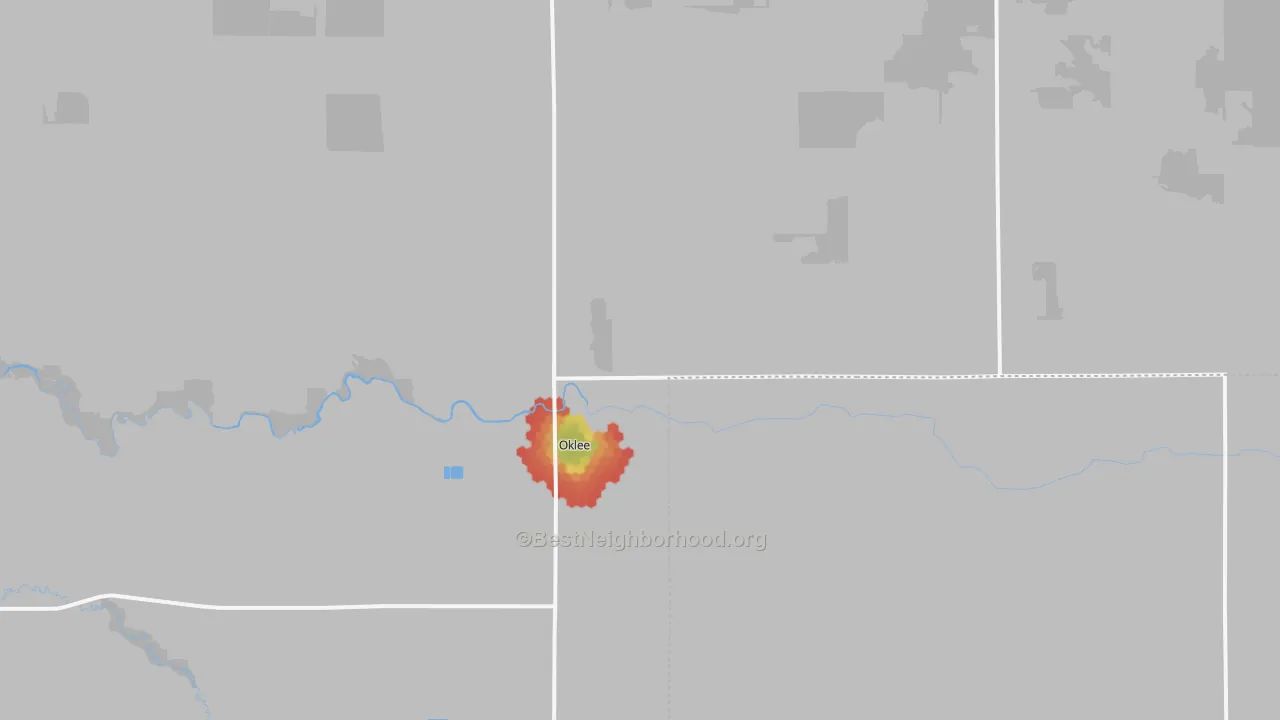 Walk Grade map of Oklee, MN, walkable areas in green and car-dependent areas in red