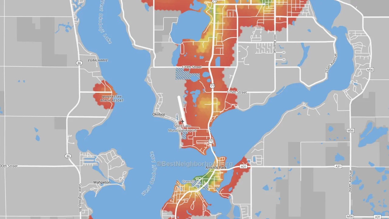 Walk Grade map of Okoboji, IA, walkable areas in green and car-dependent areas in red