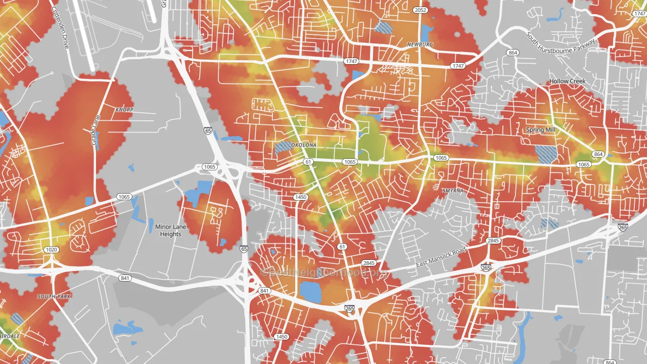 Walk Grade map of Okolona, Louisville, KY, walkable areas in green and car-dependent areas in red