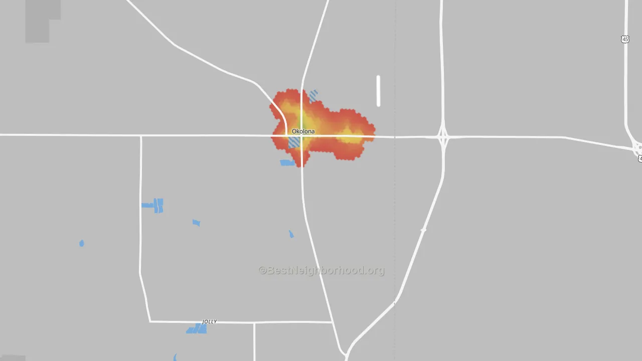 Walk Grade map of Okolona, MS, walkable areas in green and car-dependent areas in red