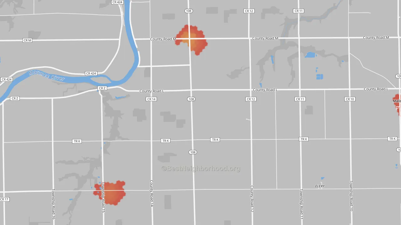 Walk Grade map of Okolona, OH, walkable areas in green and car-dependent areas in red