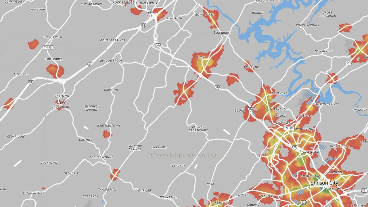 Walk Grade map of Okolona, TN, walkable areas in green and car-dependent areas in red