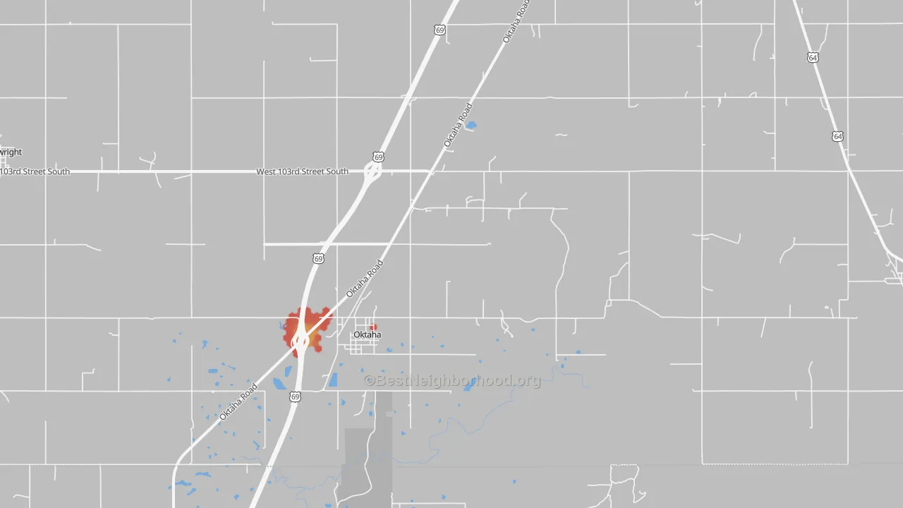 Walk Grade map of Oktaha, OK, walkable areas in green and car-dependent areas in red