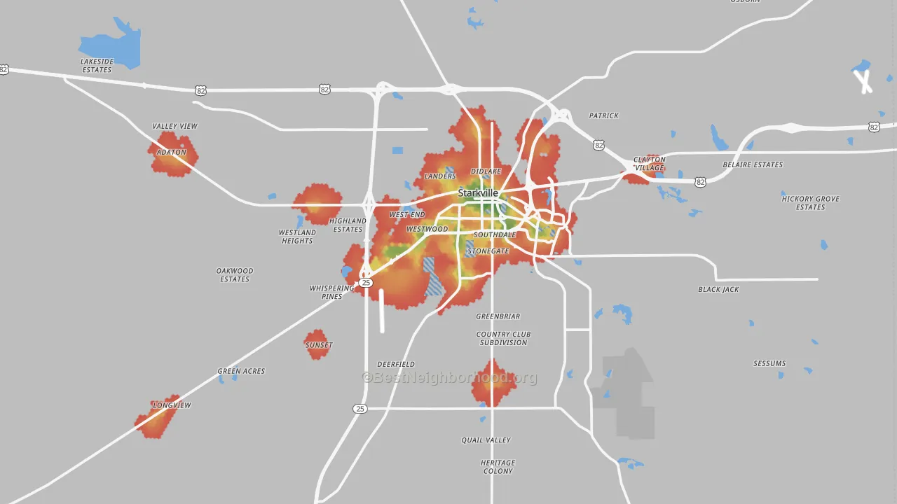 Walk Grade map of Oktibbeha County, MS, walkable areas in green and car-dependent areas in red