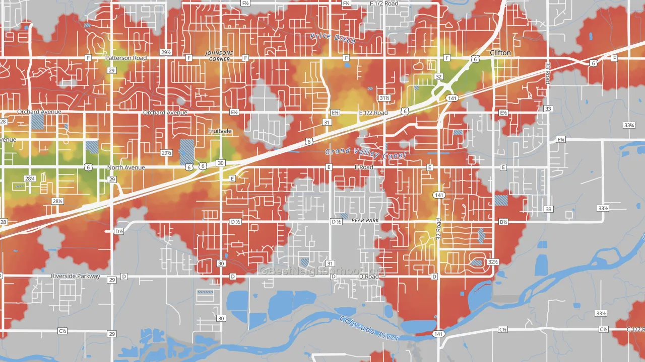 Walk Grade map of Ol Sun, Clifton, CO, walkable areas in green and car-dependent areas in red