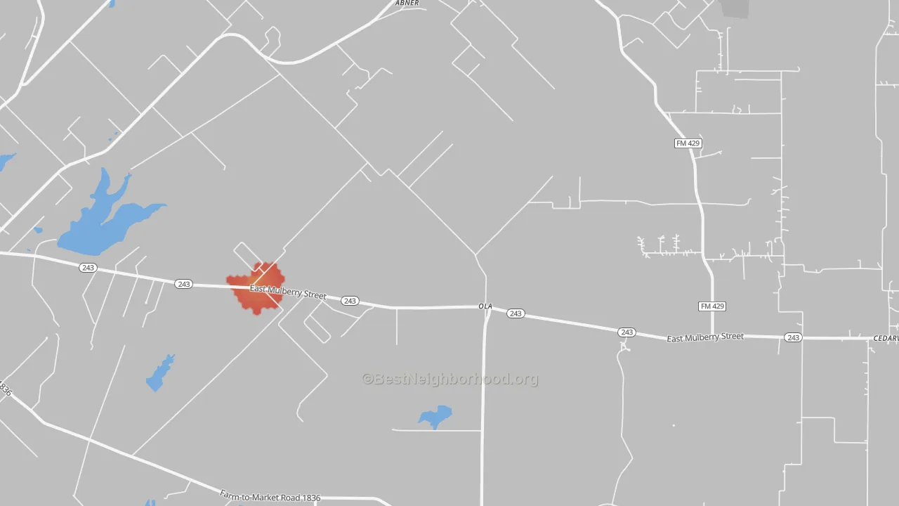 Walk Grade map of Ola, TX, walkable areas in green and car-dependent areas in red