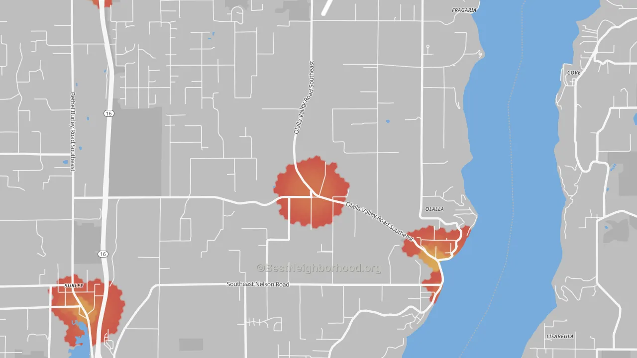Walk Grade map of Olalla, WA, walkable areas in green and car-dependent areas in red